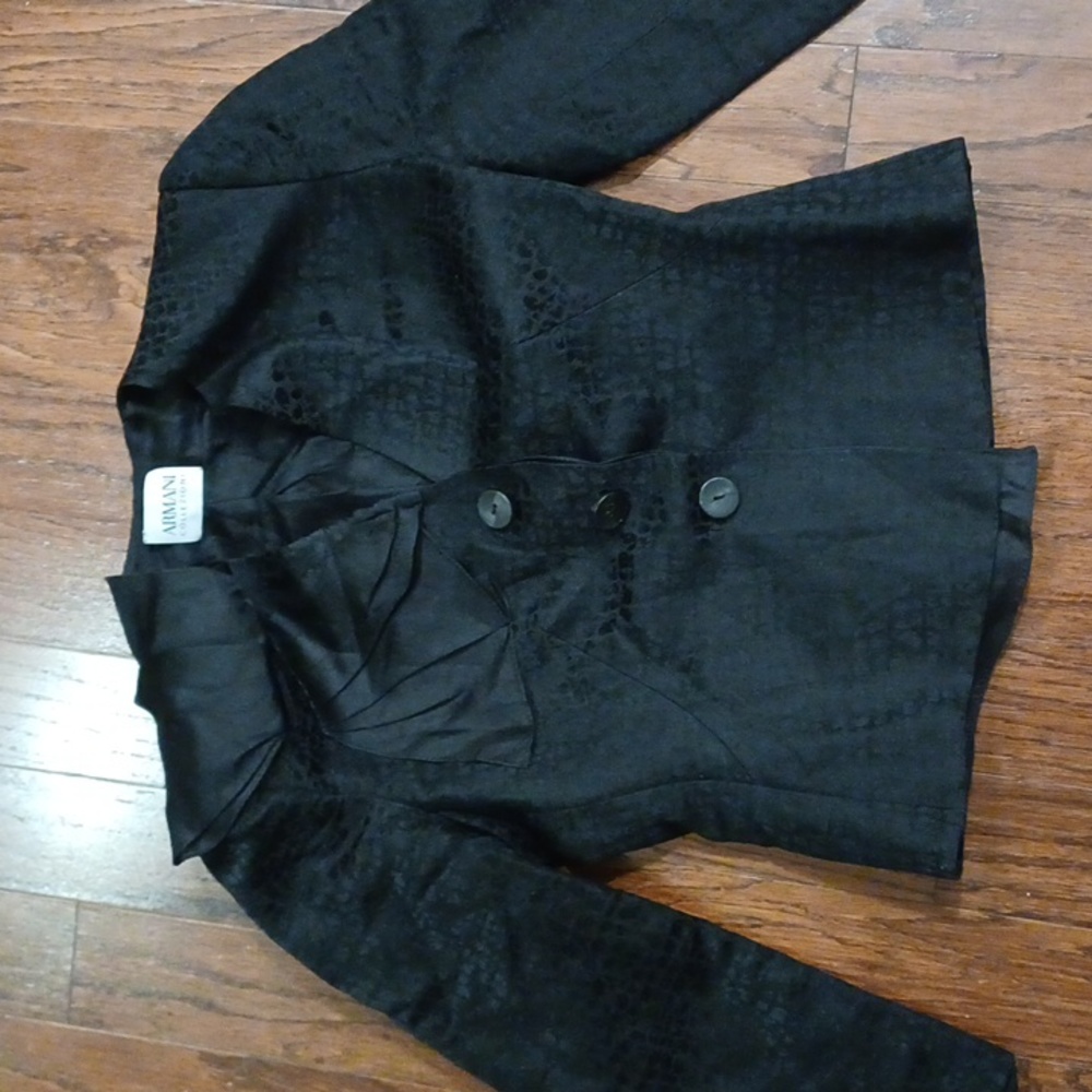 Vtg Armani 2 pc set collezioni black textured shoulder bow skirt suit blazer - Picture 10 of 16